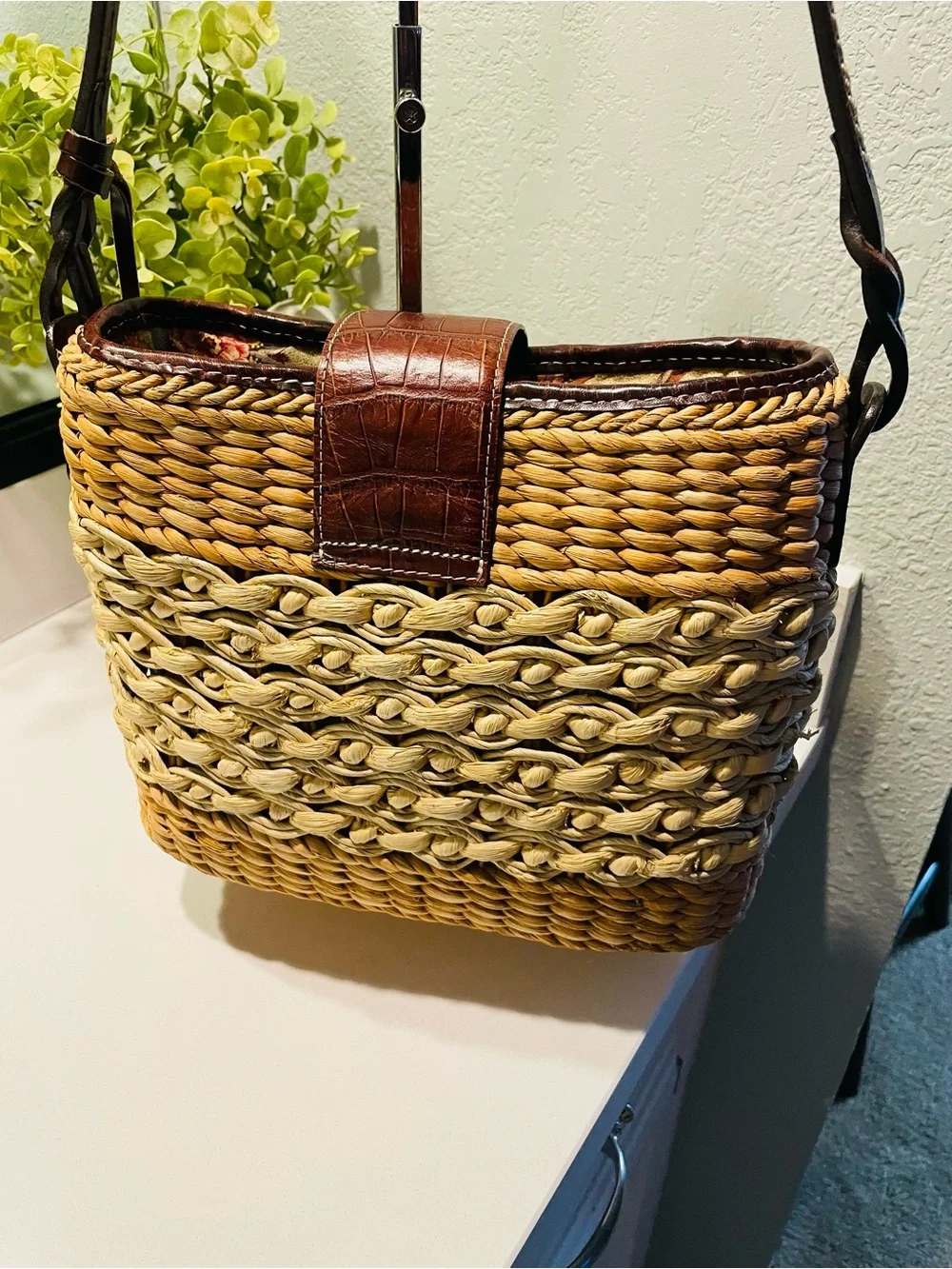 Brighton Straw Shoulder Bag with Leather Strap and Accents
